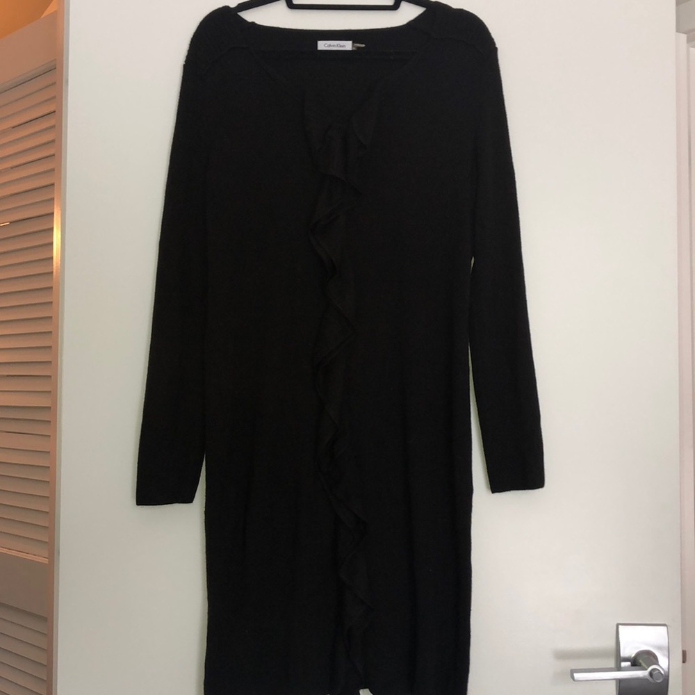 Black ruffle front sweater dress